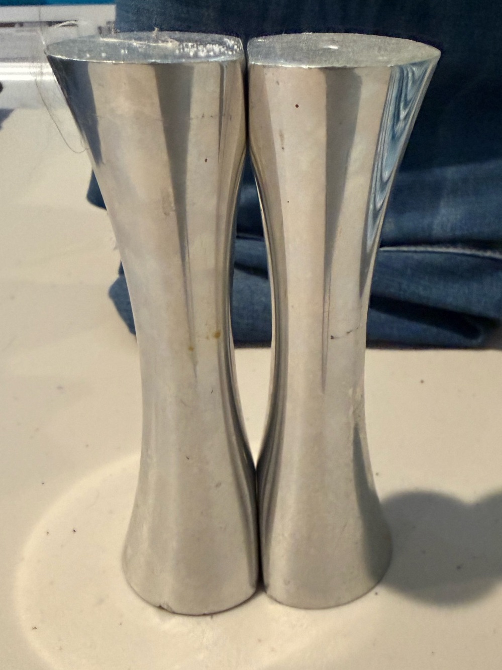 Vintage Mid-Century Modern Aluminum Salt & Pepper Shakers Hourglass Design